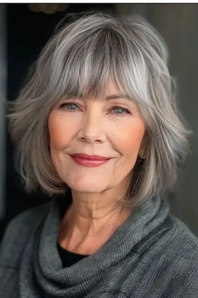 나이든 여성을 위한 앞머리 헤어스타일이 있는 레이어드 밥.