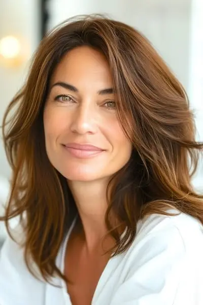 나이든 여성을 위한 옆 부분 헤어스타일의 긴 레이어.