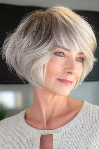 Chin Længde Bob med fuld pandehår Frisure til kvinder over 50 med fint hår.