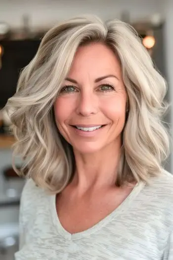 Mellemlange bølger frisure til kvinder over 50 med fint hår.