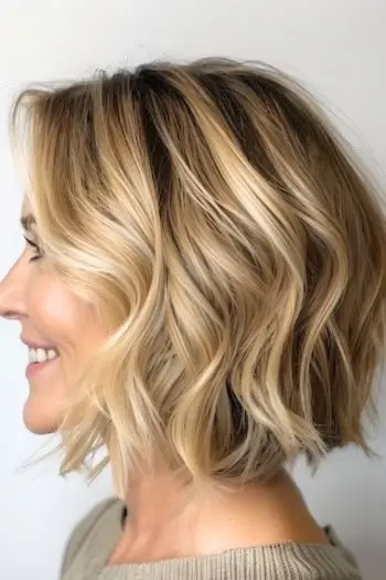 Bølget Bob-frisure til kvinder over 50 med fint hår.