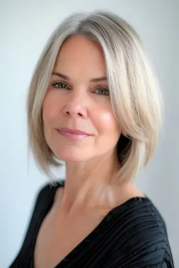 Tilspidset Bob med lange lag frisure til kvinder over 50 med fint hår.