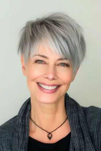 Lige grå nissefrisure til kvinder over 50 med fint hår.