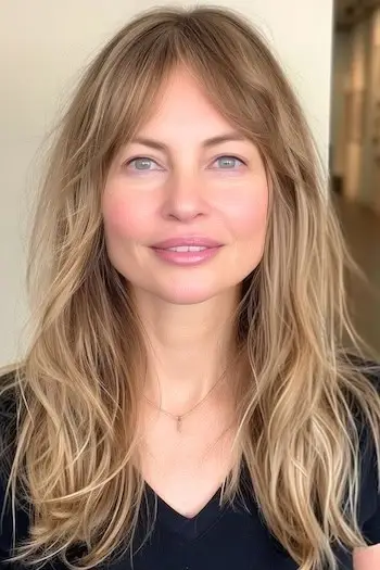 Piecey Layers med Curtain Bangs Frisure til kvinder over 50 med fint hår.