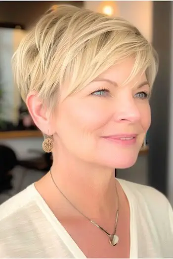 Pixie with Side Swept Bangs Frisure til kvinder over 50 med fint hår.