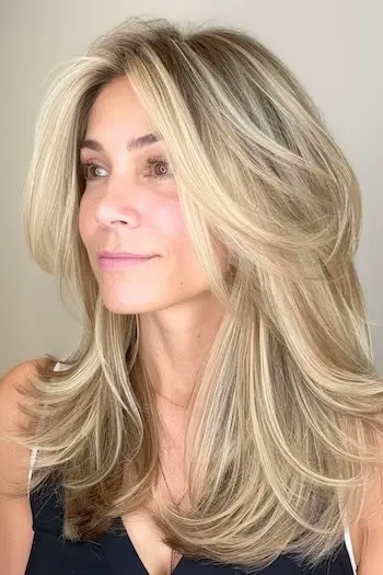 Frisure med lange swooping-lag til kvinder over 50 med fint hår.