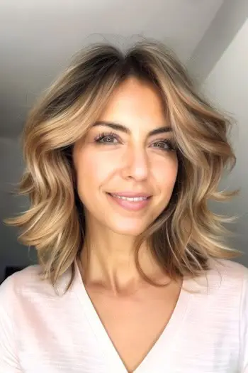 Bølget, fremhævet lag frisure til kvinder over 50 med fint hår.