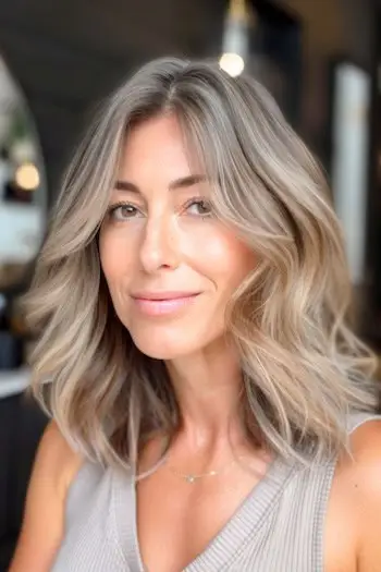 Skulderlang bølgefrisure til kvinder over 50 med fint hår.