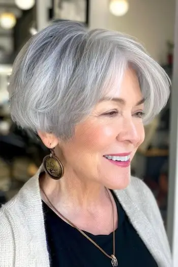 Sølv Pixie Bob-frisure til kvinder over 50 med fint hår.