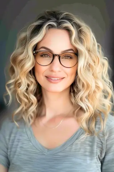 Acconciatura riccia riccia a strati per donne sopra i 50 anni.