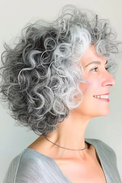 Acconciatura riccia ricci sale e pepe per donne over 50.