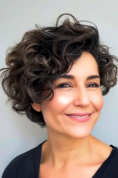 Bob riccio a strati con acconciatura riccia con parte laterale profonda per donne sopra i 50 anni.