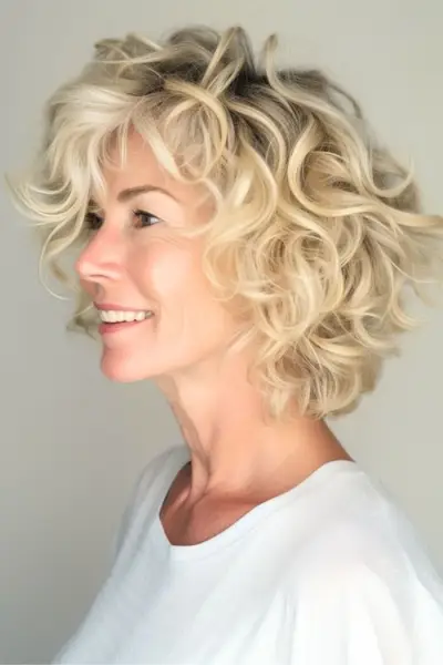 Acconciatura riccia bionda per donne sopra i 50 anni.