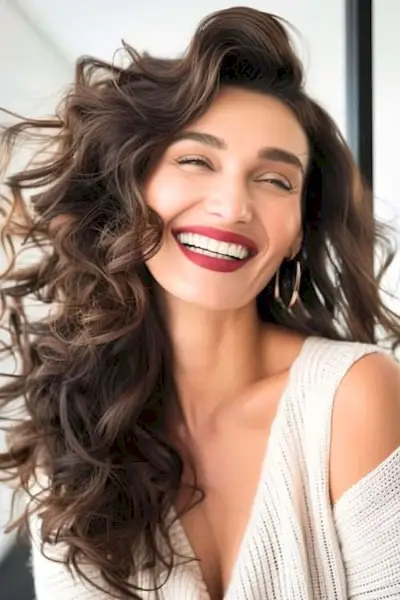 Acconciatura riccia con riccioli voluminosi spazzati lateralmente per donne sopra i 50 anni.