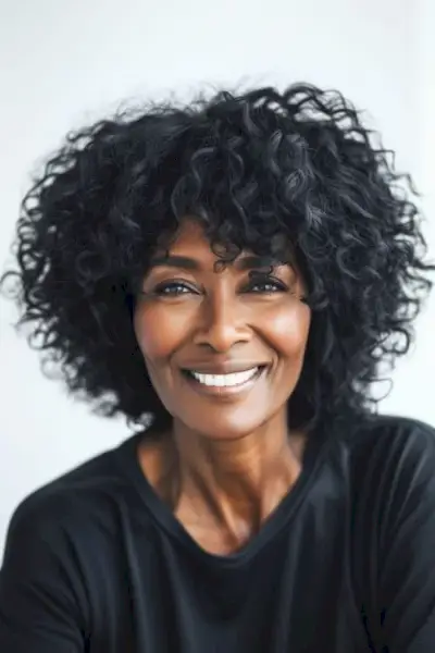 Acconciatura riccia afro riccia naturale per donne sopra i 50 anni.