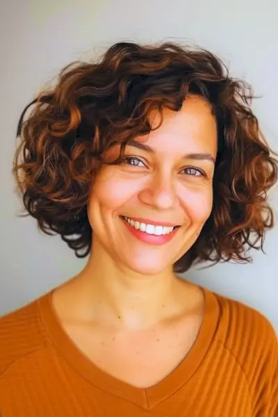 Acconciatura riccia bob con riga laterale per donne sopra i 50 anni.