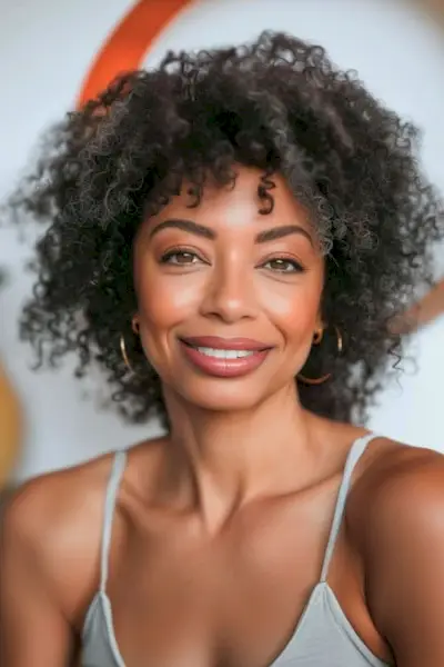 Acconciatura riccia con riccioli naturali affusolati per donne sopra i 50 anni.