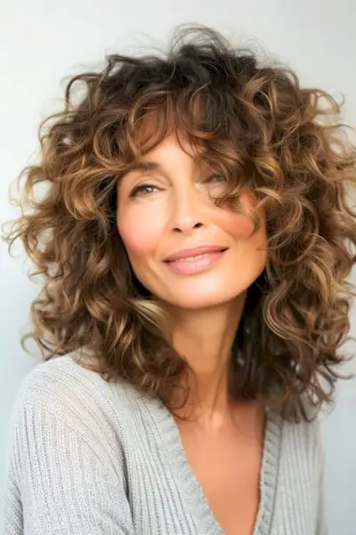 Acconciatura riccia a strati ricci castani per donne sopra i 50 anni.