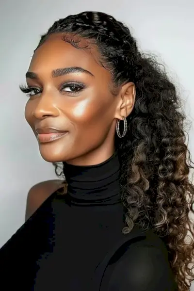 Acconciatura riccia elegante con coda di cavallo riccia per donne sopra i 50 anni.