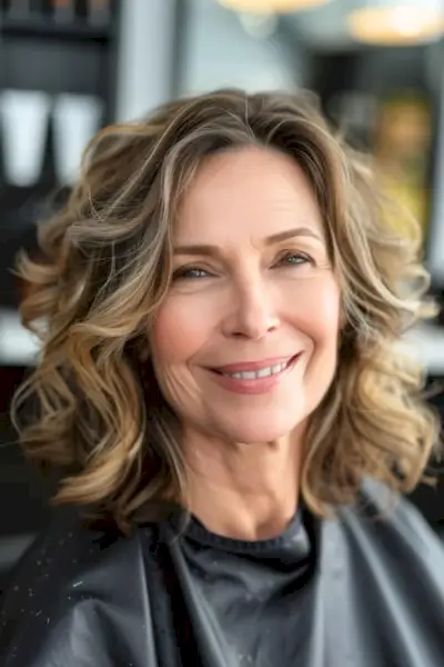 Acconciatura riccia con riccioli ondulati a strati per donne sopra i 50 anni.