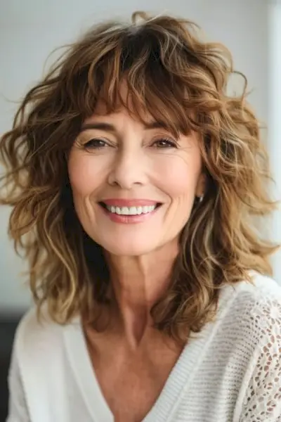 Acconciatura riccia con frangia per donne sopra i 50 anni.