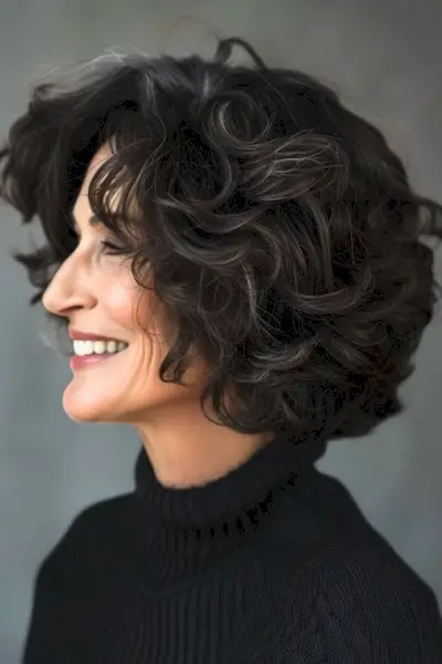 Acconciatura riccia a caschetto corto a strati per donne sopra i 50 anni.