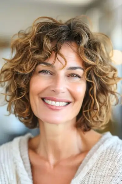 Acconciatura riccia a strati arruffati per donne sopra i 50 anni.