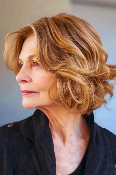 60세 이상 여성을 위한 옆으로 쓸어넘긴 프린지 헤어스타일의 레이어드 웨이브 보브 헤어스타일입니다.