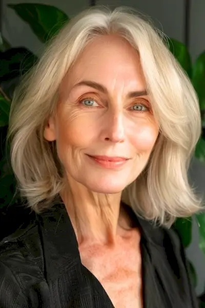 60세 이상 여성을 위한 옆으로 넘긴 앞머리의 레이어드 금발 보브 헤어스타일입니다.