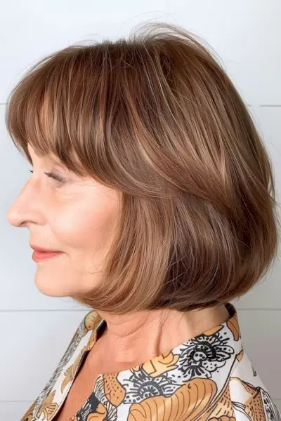 60세 이상 여성을 위한 레이어드 브라운 보브 헤어스타일입니다.