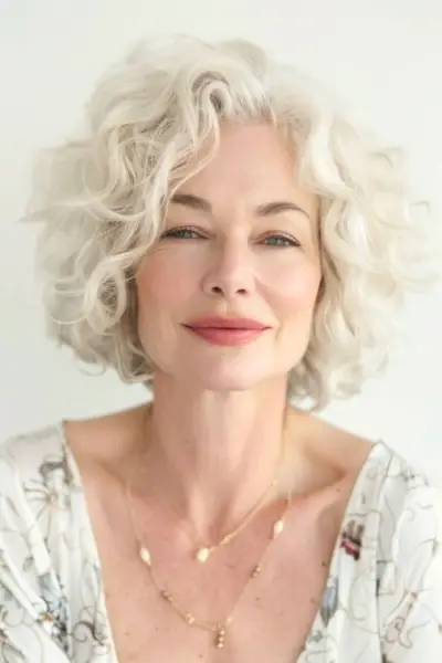 60세 이상 여성을 위한 레이어드 화이트 컬 보브 헤어스타일입니다.