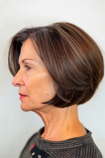 나이든 여성을 위한 둥근 턱 길이의 갈색 보브 헤어스타일입니다.