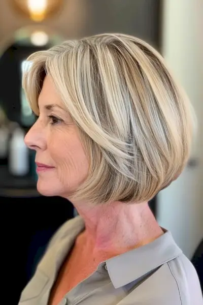 60대 여성의 블렌드 하이라이트 헤어스타일을 갖춘 질감 있는 밥.