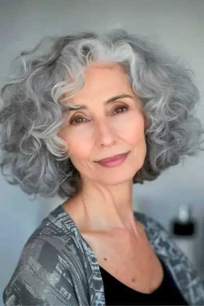 나이든 여성을 위한 앞머리가 있는 회색 곱슬머리 보브 헤어스타일입니다.
