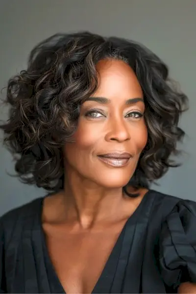 60대 여성을 위한 컬리 레이어드 다크 브라운 보브 헤어스타일입니다.