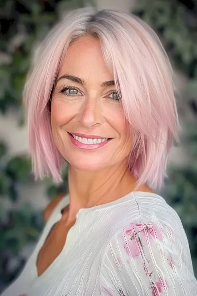 60대 중년 여성을 위한 레이어드 헤어스타일의 파스텔 핑크 스트레이트 보브 헤어스타일입니다.