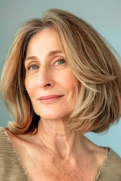 60대 여성의 질감 있는 헤어스타일을 갖춘 볼륨감 있는 레이어드 보브.