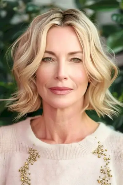 60세 이상 여성을 위한 고르지 금발 보브 헤어스타일.