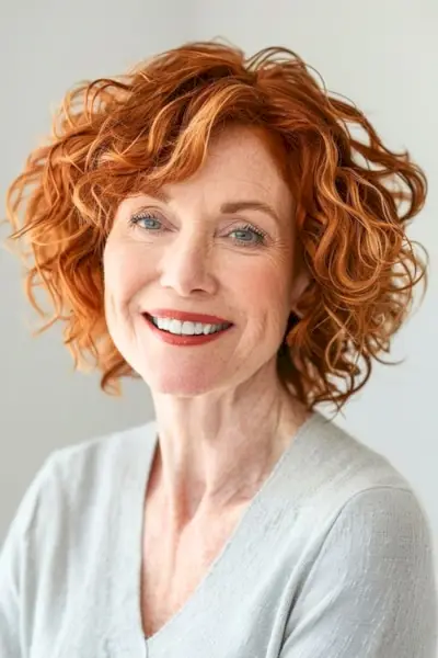 60대 여성을 위한 턱 길이의 컬 레이어드 구리 보브 헤어스타일입니다.