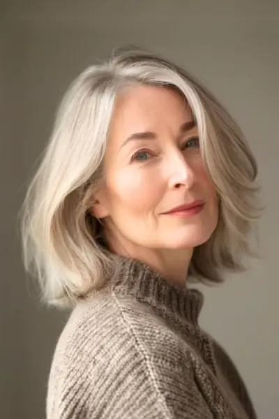 60대 여성을 위한 실버빛 로브(롱 보브) 헤어스타일입니다.