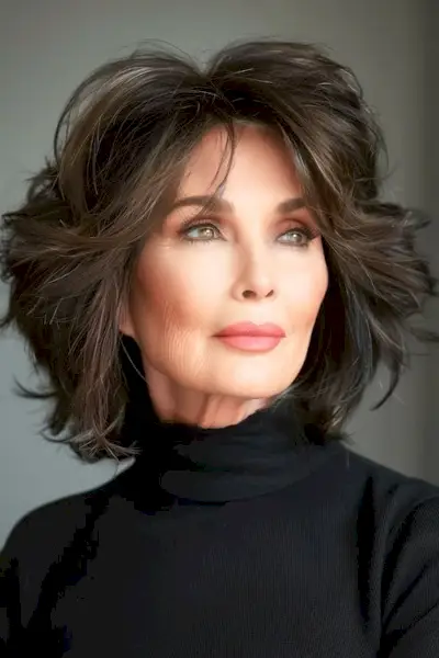 60대 여성을 위한 브라운 레이어드 보브 헤어스타일을 선보였습니다.