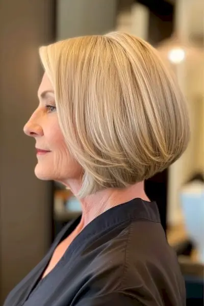 나이 많은 여성을 위한 긴 층의 보브 헤어스타일입니다.