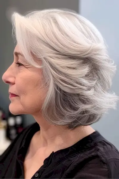 60세 이상 여성을 위한 레이어드 깃털 회색 보브.