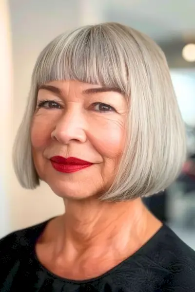 60세 이상 여성을 위한 뭉툭한 앞머리가 있는 회색 보브 보브 헤어스타일.