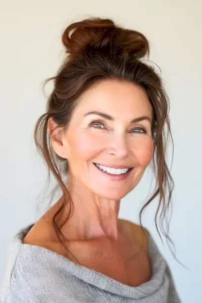 エレガントなちょんまげと美しい笑顔の 60 代の女性。