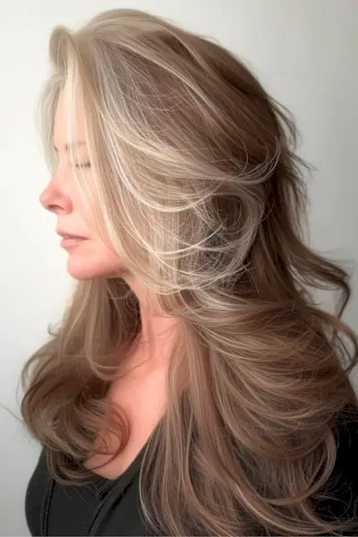 60 歳以上の女性の羽毛のレイヤー、側面図。