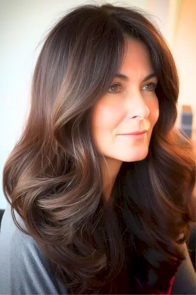 60歳以上の女性のブルネットの髪にソフトなウェーブをかけたレイヤードカット。