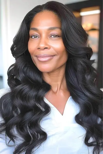 60歳以上の美しい黒人女性に長く定義された黒檀の波。