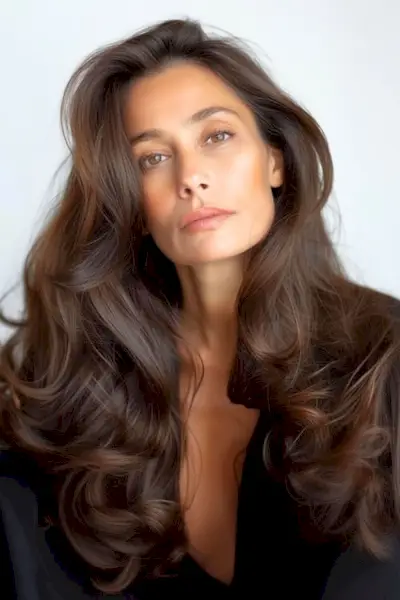 長い茶色の髪を持つ 60 歳以上の年配の女性の美しい波状のブローアウト。