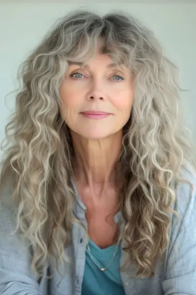 60 歳以上のきれいな女性のフリンジ付きの長い自然なカール。